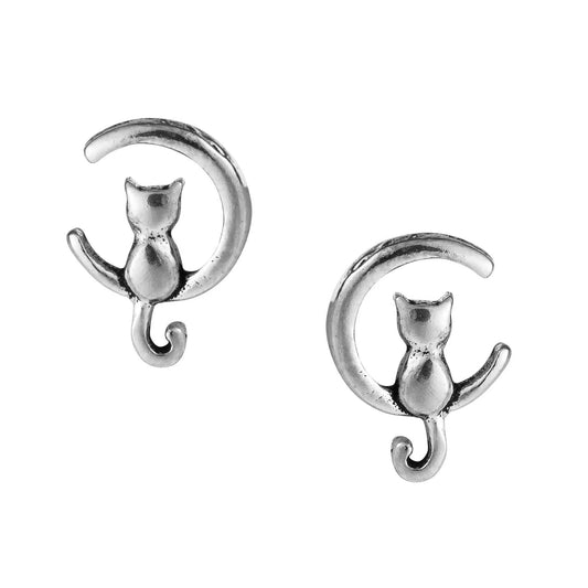 Charming Silver Cat in Moon Stud Earrings