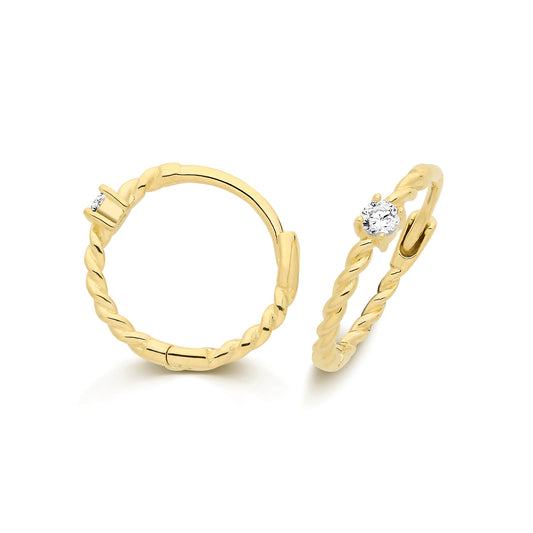 9ct Yellow Gold CZ Twist Huggie Earrings