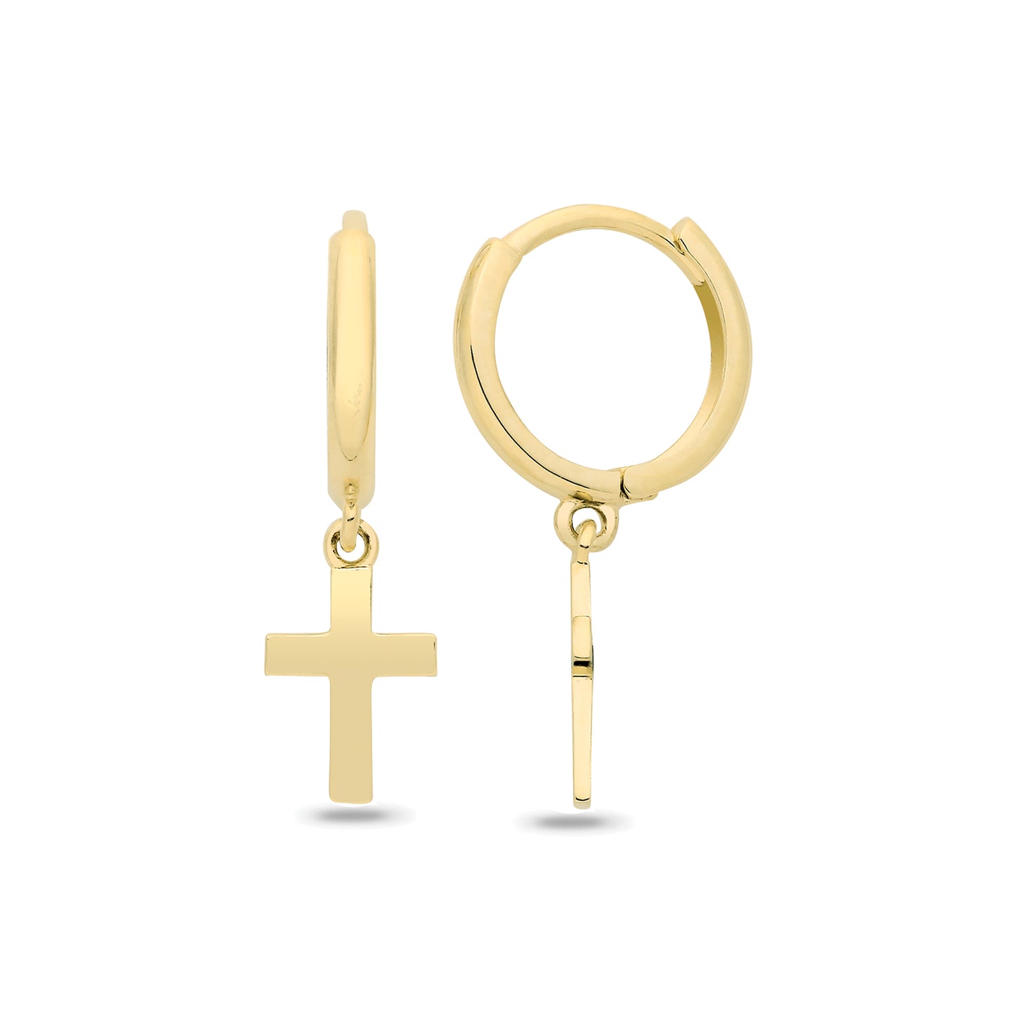 9ct Yellow Gold Huggy Cross Drop Earrings