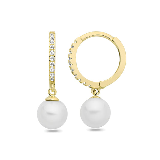 9ct Yellow Gold Freshwater Pearl & CZ Drop Huggies