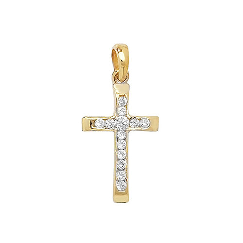 9ct Yellow & White Gold Cross Pendant with CZ Stones – Elegant Two-Tone Design