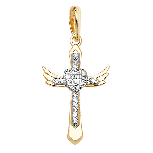 9ct Yellow Gold Cross Pendant with CZ & Wing Design – Elegant & Symbolic