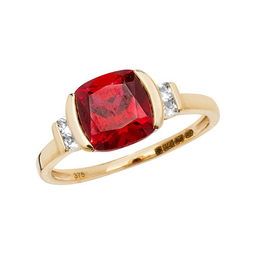 Cushion-Cut Created Ruby & White Sapphire Ring – 9ct Gold