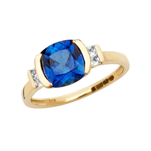 9ct Yellow Gold Cushion-Cut Created Sapphire & White Sapphire Ring