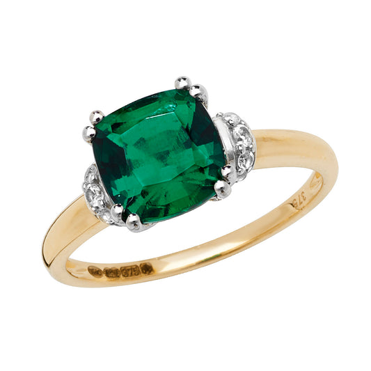 9ct Yellow Gold & Rhodium-Plated Cushion-Cut Created Emerald & White Sapphire Ring