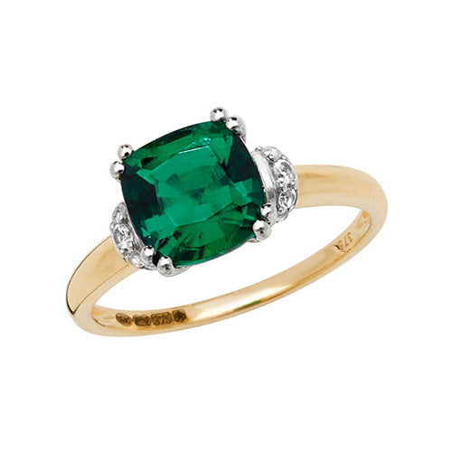 9ct Yellow Gold & Rhodium-Plated Cushion-Cut Created Emerald & White Sapphire Ring