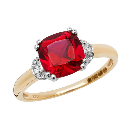 9ct Yellow Gold & Rhodium-Plated Cushion-Cut Created Ruby & White Sapphire Ring