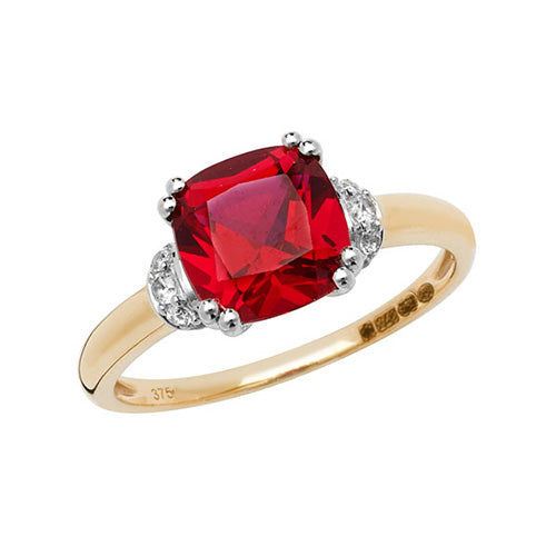 9ct Yellow Gold & Rhodium-Plated Cushion-Cut Created Ruby & White Sapphire Ring