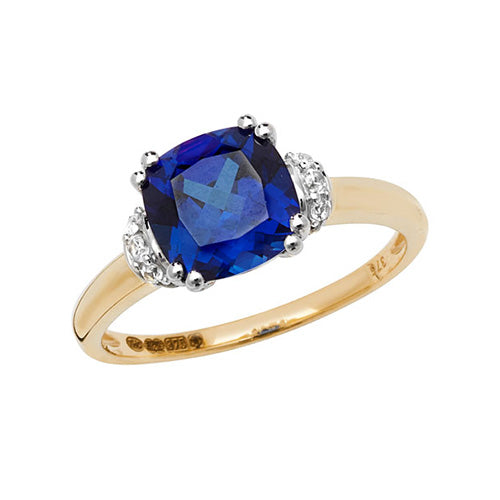 9ct Yellow Gold & Rhodium-Plated Cushion-Cut Created Sapphire & White Sapphire Ring