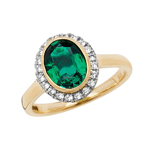 9ct Yellow Gold & Rhodium-Plated Oval-Cut Created Emerald & White Sapphire Ring