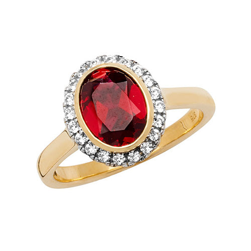 Stunning 9ct Yellow Gold Ring – Oval Created Ruby & White Sapphire Halo