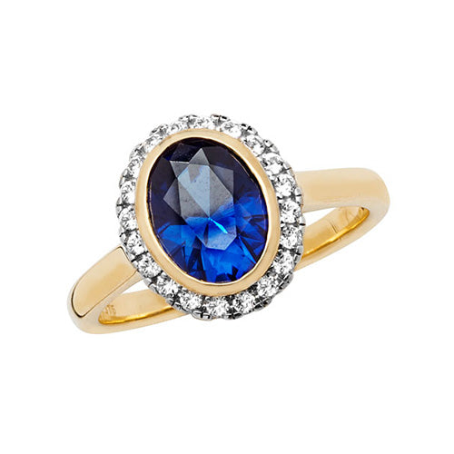 Elegant 9ct Yellow Gold Ring – Oval Created Blue Sapphire & White Sapphire Halo