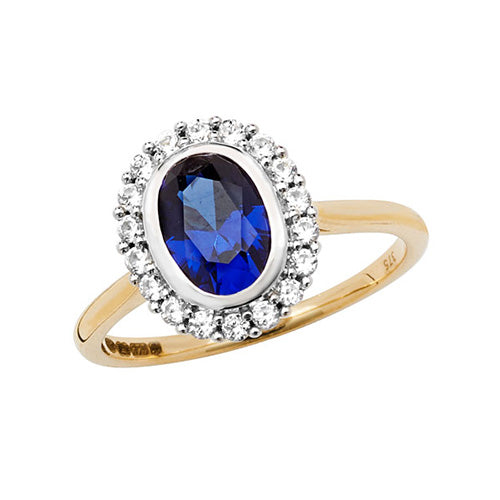 9ct Yellow Gold Oval Created Sapphire & White Sapphire Ring – Classic & Glamorous