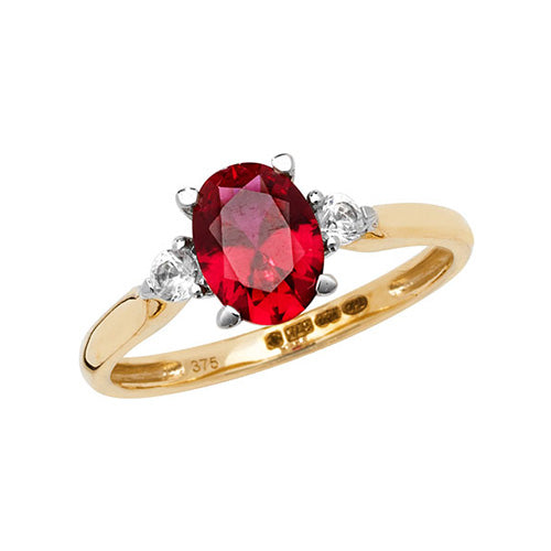 9ct Yellow Gold Oval Created Ruby & White Sapphire Ring – Bold & Timeless Elegance