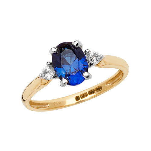 9ct Yellow Gold Oval Created Sapphire & White Sapphire Ring – Classic & Timeless