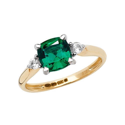 9ct Yellow Gold Cushion-Cut Created Emerald & White Sapphire Ring – Elegant & Timeless