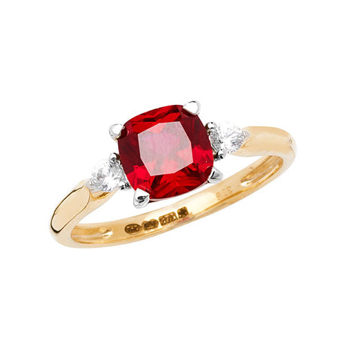 9ct Yellow Gold Cushion-Cut Created Ruby & White Sapphire Ring – Bold & Elegant