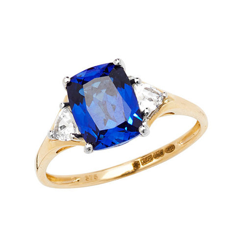 9ct Yellow Gold Cushion-Cut Created Sapphire & White Sapphire Ring – Classic & Timeless