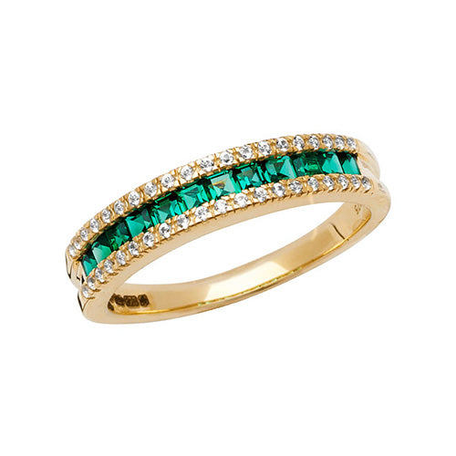 9ct Yellow Gold Ladies’ Ring – Rhodium Plated with Square-Cut Created Emerald & White Sapphire