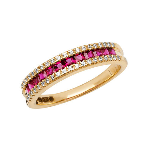 9ct Yellow Gold Ladies’ Ring – Rhodium Plated with Square-Cut Created Ruby & White Sapphire