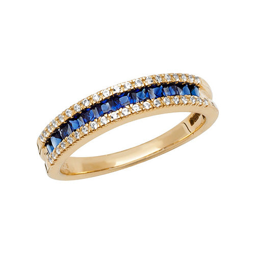 9ct Yellow Gold Ladies’ Ring – Rhodium Plated with Square-Cut Created Sapphire & White Sapphire