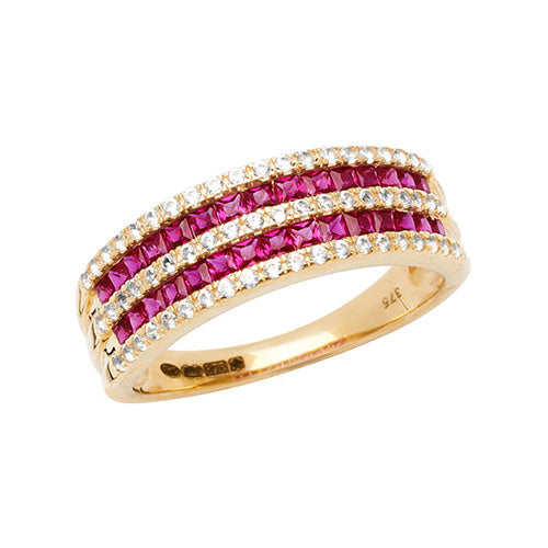 9ct Yellow Gold Ladies’ Ring – Square-Cut Created Ruby & White Sapphire