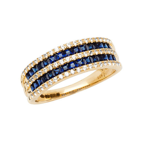 9ct Yellow Gold Ladies’ Ring – Square-Cut Created Sapphire & White Sapphire