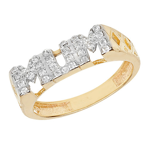 9ct Yellow Gold Ladies’ Basket Sides ‘Mum’ CZ Ring